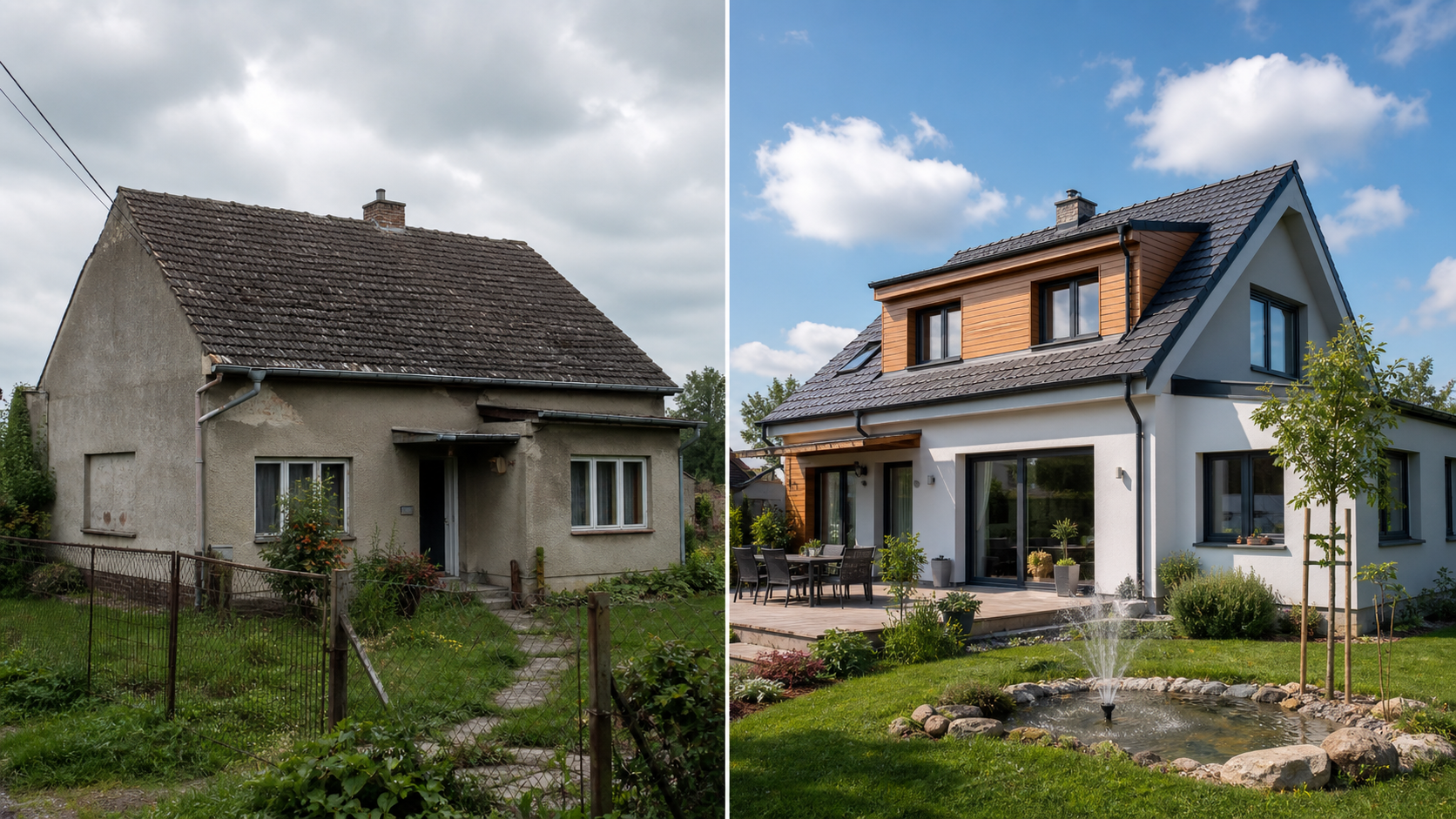Starší rodinný dům před renovací a stejný dům po promyšlené rekonstrukci se zahradou a vodním prvkem