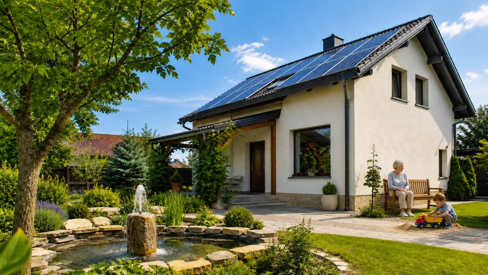 Jasný postup renovace domu Fotografický pohled na světlý renovovaný dům s fotovoltaikou, zahradou, fontánkou a lavičkou